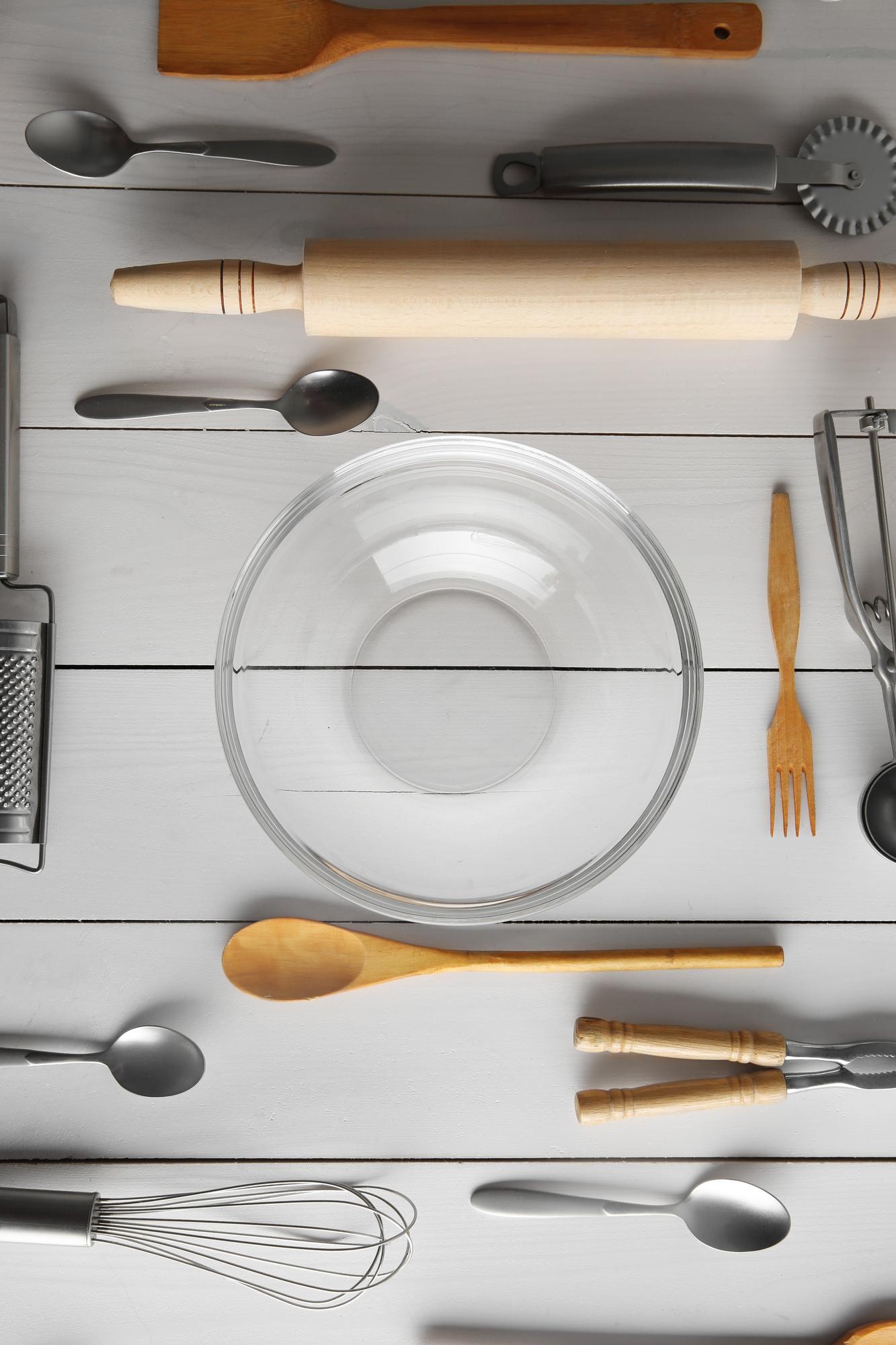 Studio kitchen bench with utensils and plated sample