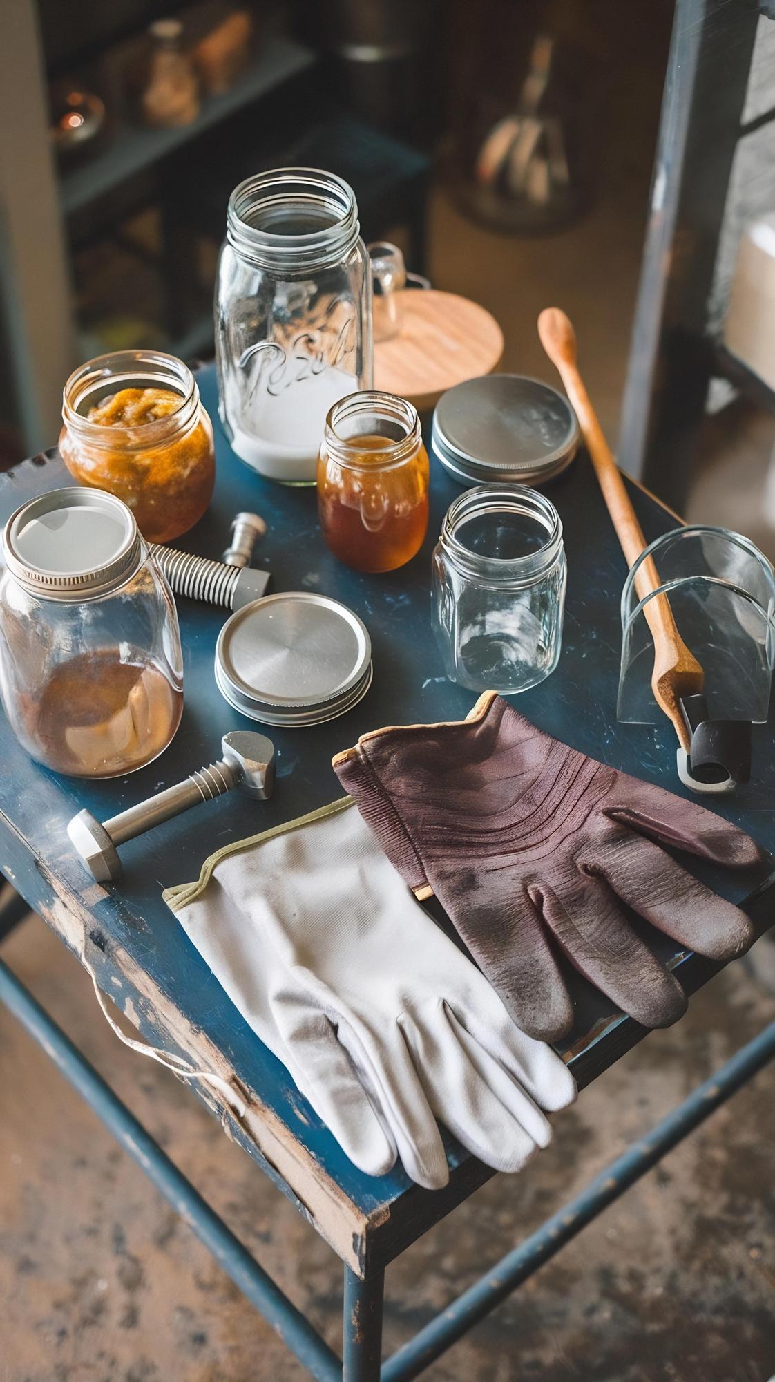 Workshop table with jars and utensils